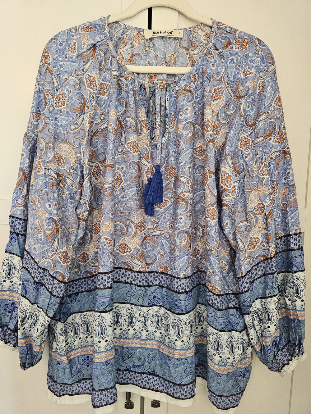 Three Bird Nest Lani Border Print Boho Paisley Peasant Blouse Blue Orange Large